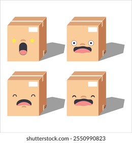 Cute cartoon Four cardboard boxes with different facial expressions. Vector illustrator.