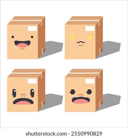 Cute cartoon Four cardboard boxes with different facial expressions. Vector illustrator.