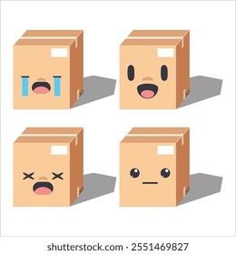 Dibujos animados lindos Cuatro cajas de cartón con diferentes expresiones faciales. Ilustrador de Vector.