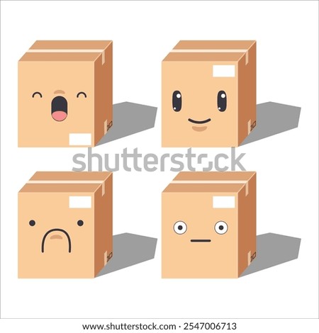Cute cartoon Four cardboard boxes with different facial expressions. Vector illustrator.