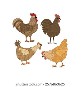Cute  cartoon four chickens on white background