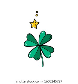 Cute cartoon of a four leaf clover. St. Patrick's Day illustration isolated on white background.