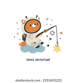 Cute cartoon fox astronaut with star. Adventure baby Animal, stars, universe, childish print. Space illustration for kids isolated white background.  