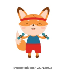 Cute cartoon fox athlete, with dumbbells.