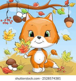 Cute cartoon fox with autumn leaves. Animal vector illustration on a blue background with clouds.