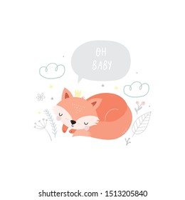 Cute cartoon fox baby sleeping. Windy poster for Baby shower with a cute sleeping fox character. A wonderful print for the decor of a children's bedroom.