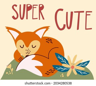 Cute Cartoon Fox Baby Sleeping. The Inscription Letters Super Cute. Sleeping Fox On The Forest Lawn. Fall Season Woodland Animal Icon For Print, Sticker, Postcard. Funny Forest Vector Illustration.