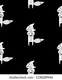 Cute cartoon fox background with hand drawn fox. Sweet vector black and white fox background. Seamless monochrome cheerful fox background for textile, wallpapers, wrapping paper, cards and web.