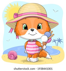 Cute Cartoon Fuchs im Badeanzug, Sommermütze, mit Eis. Vektorgrafik von Tieren am Strand.