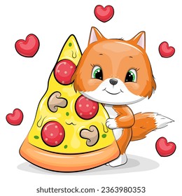 Cute cartoon fox with a big piece of pizza. Vector illustration of animal on a white background with red hearts.