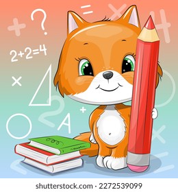 El zorro de dibujos animados con un gran lápiz rojo y libros. Ilustración del vector escolar sobre un fondo colorido con números y símbolos matemáticos.