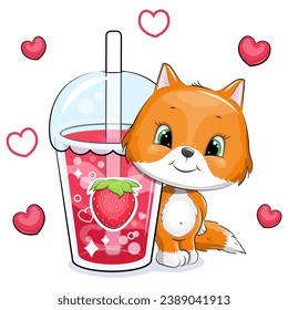 Cute cartoon fox with a big strawberry drink. Vector illustration of an animal and a cup of red water on a white background with red hearts.