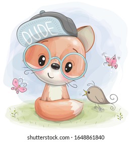 Cute Cartoon Fox with bird on the meadow