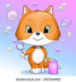 Cute cartoon fox  blowing bubbles. Vector illustration of animal on the colorful background.