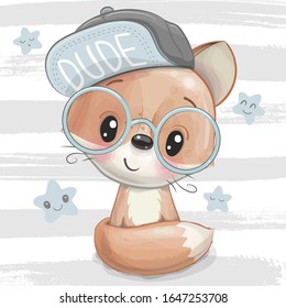 Cute Cartoon Fox with a blue cap and glasses