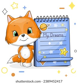 A cute cartoon fox with a blue notebook with stickers. Vector illustration of an animal on a white background with stars, circles.