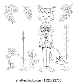 Cute cartoon fox with a bouquet of lily of the valley. Isolated objects on white background. White and black vector illustrations for coloring book. Decor elements for kids products.