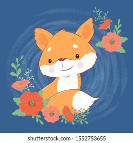Cute cartoon fox with a bouquet of poppies.