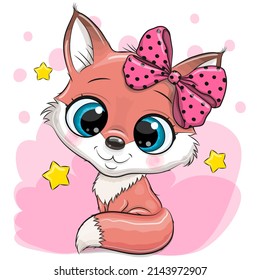 Cute Cartoon Fox with bow on a pink background