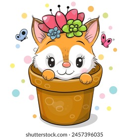 Cute cartoon Fox in a brown flower pot