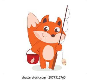 Cute cartoon fox with bucket and fishing rod. Funny red fox. A little animal of emotions. Cartoon animal character design. Flat vector illustration isolated on a white background.