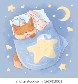 Cute cartoon fox and bunny sleep under the covers on a starry night.