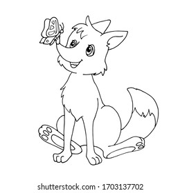 Cute cartoon fox with a butterfly sitting on the nose. Isolated object on white background. White and black vector illustrations for coloring book.