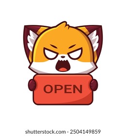 A cute cartoon fox character with an angry expression holding an 'OPEN' sign. The fox has orange and white fur with large ears and a fluffy tail, set against a plain background.