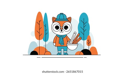 Cute Cartoon Fox Character in Autumn Forest Holding a Bowl of Snacks Wearing Winter Clothes