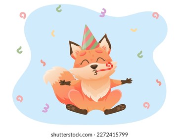 Cute cartoon fox character. Happy birthday greeting card. Birthday cake, presents, fox, balloons.