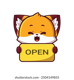 A cute cartoon fox character holding an 'OPEN' sign, smiling happily. The fox has orange fur, white accents, and large ears, making it look friendly and inviting.