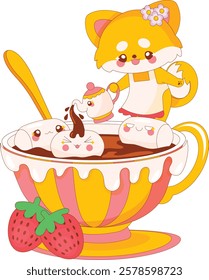 Cute cartoon fox character, hot chocolate mug, marshmallow characters, kawaii style, strawberries, colorful, yellow and pink palette, black background, stars, flowers, whimsical, cozy, digital art, ve