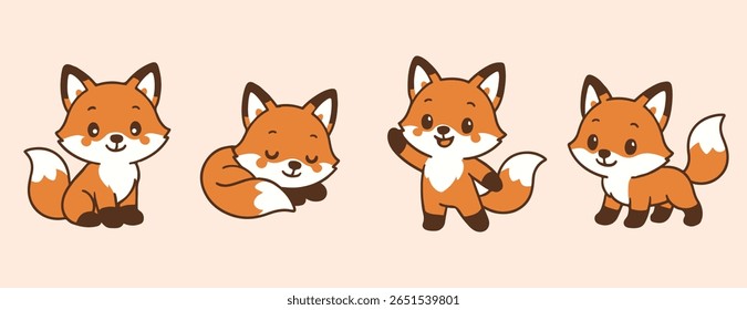 Cute Cartoon Fox Character Set – Vector Illustration of Foxes in Different Poses on White Background