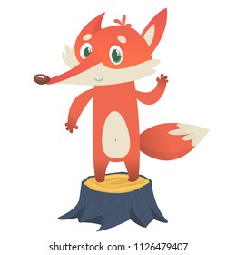 Cute cartoon  fox character standing on the stump. Vector illustration