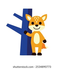 A cute cartoon fox character standing beside a stylized tree.