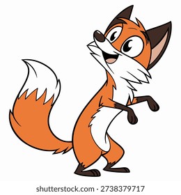 Cute cartoon fox character standing in side view and smilling. Friendly woodland animal vector illustration isolated on white background, perfect for kids designs, education, stickers, mascots.