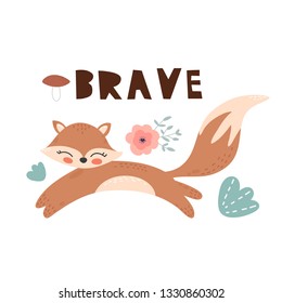 Cute cartoon fox. Fox character vector print  for  cards, posters, cards, t-shirts, book, textile. Fox and flowers vector illustration.