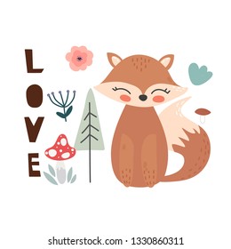 Cute cartoon fox. Fox character vector print  for  cards, posters, cards, t-shirts, book, textile. Fox and flowers vector illustration.