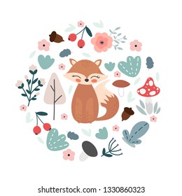 Cute cartoon fox. Fox character vector print  for  cards, posters, cards, t-shirts, book, textile. Flowers, leaves, mushrooms arranged in circle. 