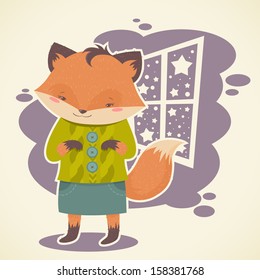 Cute cartoon fox character with winter window frame celebration card