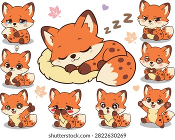 Cute cartoon fox characters in multiple emotional poses: large fox sleeping peacefully on a pillow, smaller ones crying, looking angry with arms crossed, thinking with lightbulb, making heart hands, giving thumbs up, covering mouth shyly, looking surprised, and cheering happily. Surrounded by autumn leaves and hearts. Perfect for children's illustrations, stickers, emotional expression materials, and animal-themed designs.