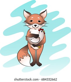 Cute cartoon fox with chicken. Forest animal. Vector illustrations.
