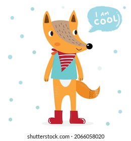 Cute Cartoon fox in christmas day,Cartoon happy fox,Flat vector illustration for prints, clothing, packaging and postcards, cute dog, christmas day