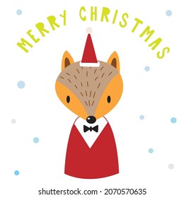 Cute Cartoon fox in christmas day,Cartoon happy fox,Flat vector illustration for prints, clothing, packaging and postcards, cute dog, christmas day