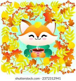 cute cartoon fox in clothes and with cup of coffee on autumn leaves background. funny animal enjoying autumn season. vector illustration.
