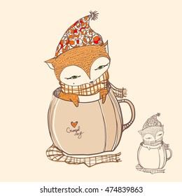 Cute cartoon Fox in a coffee cup