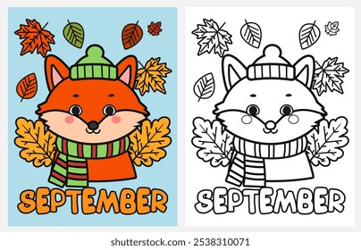 Cute cartoon fox coloring page for kids, Fall coloring pages for kids