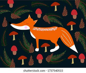 
Cute cartoon fox with cones mushrooms and pine branches on a dark background