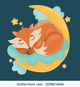 El zorro de dibujos animados lindo durmiendo en una luna creciente. Aislado en un fondo azul. Una magnífica impresión para la decoración de una habitación para niños.