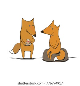 Cute cartoon Fox with a Cup of coffee. For postcards, menus, background. Vector illustration.